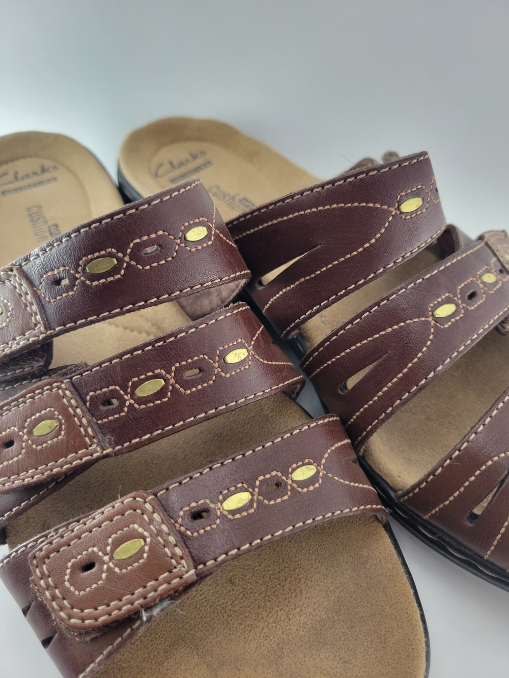 Clarks Women's Brown Leather Three-Strap Slide Sandals - Picture 3 of 8